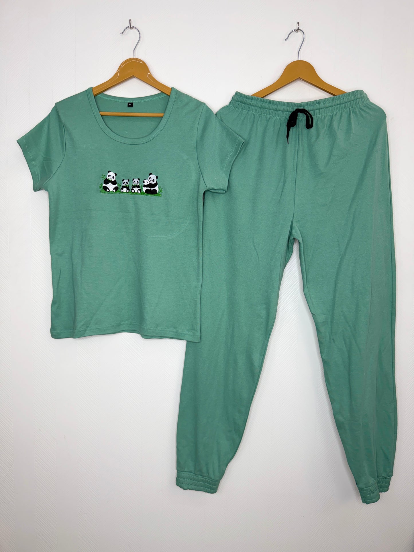 Mint Green Panda Embroidered T-Shirt and Jogger Set