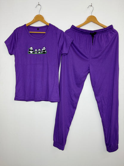 Purple Panda Embroidered T-Shirt and Jogger Set