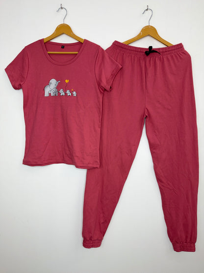 Pink Elephant Embroidered T-Shirt and Jogger Set