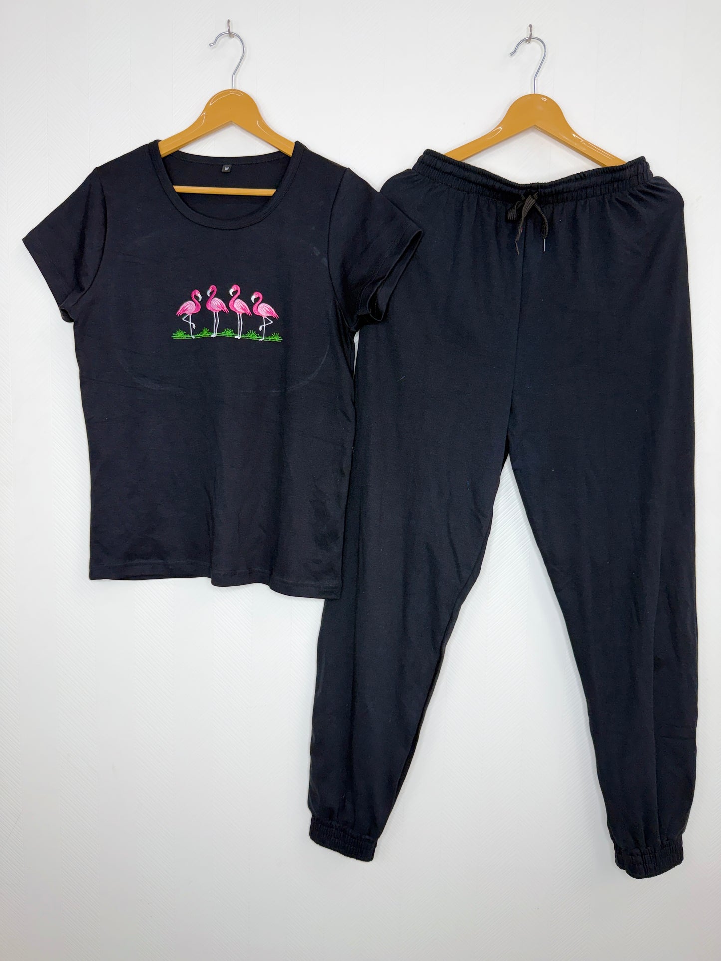 Black Flamingo Embroidered T-Shirt and Jogger Set
