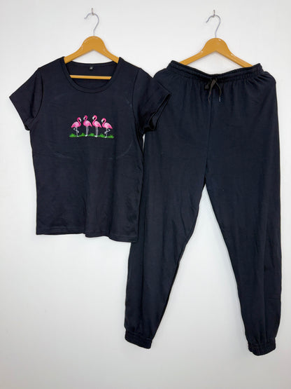 Black Flamingo Embroidered T-Shirt and Jogger Set