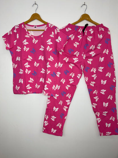 Dark Pink with Bow Pattern Printed T-shirt with Combo Pant Set