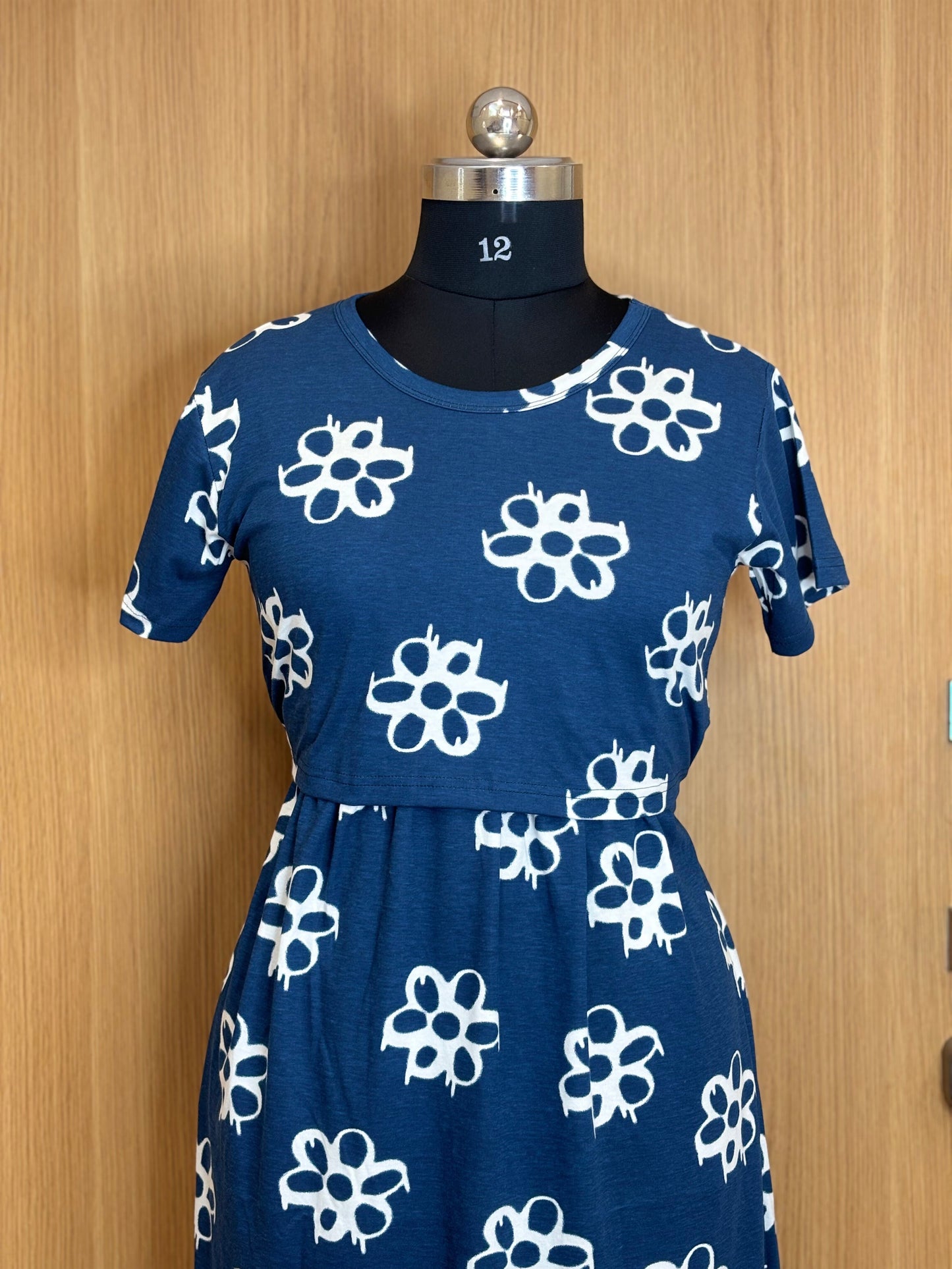 Navy Blue White Floral Print Maternity Feeding Maxi