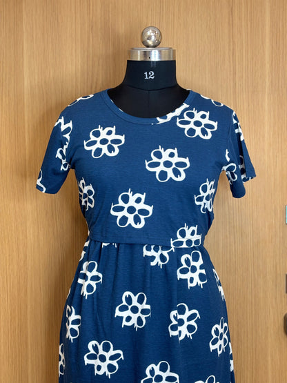 Navy Blue White Floral Print Maternity Feeding Maxi