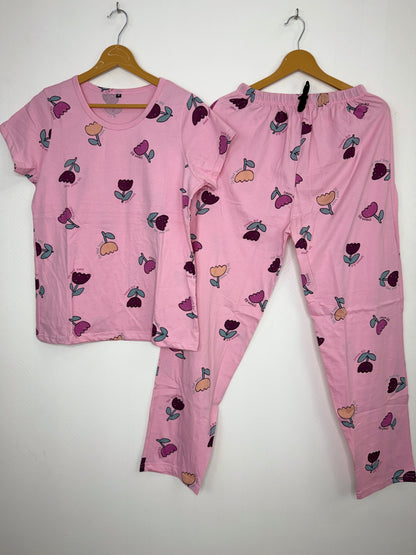 Pink with Multicolor Floral Printed T-shirt with Combo Pant Set