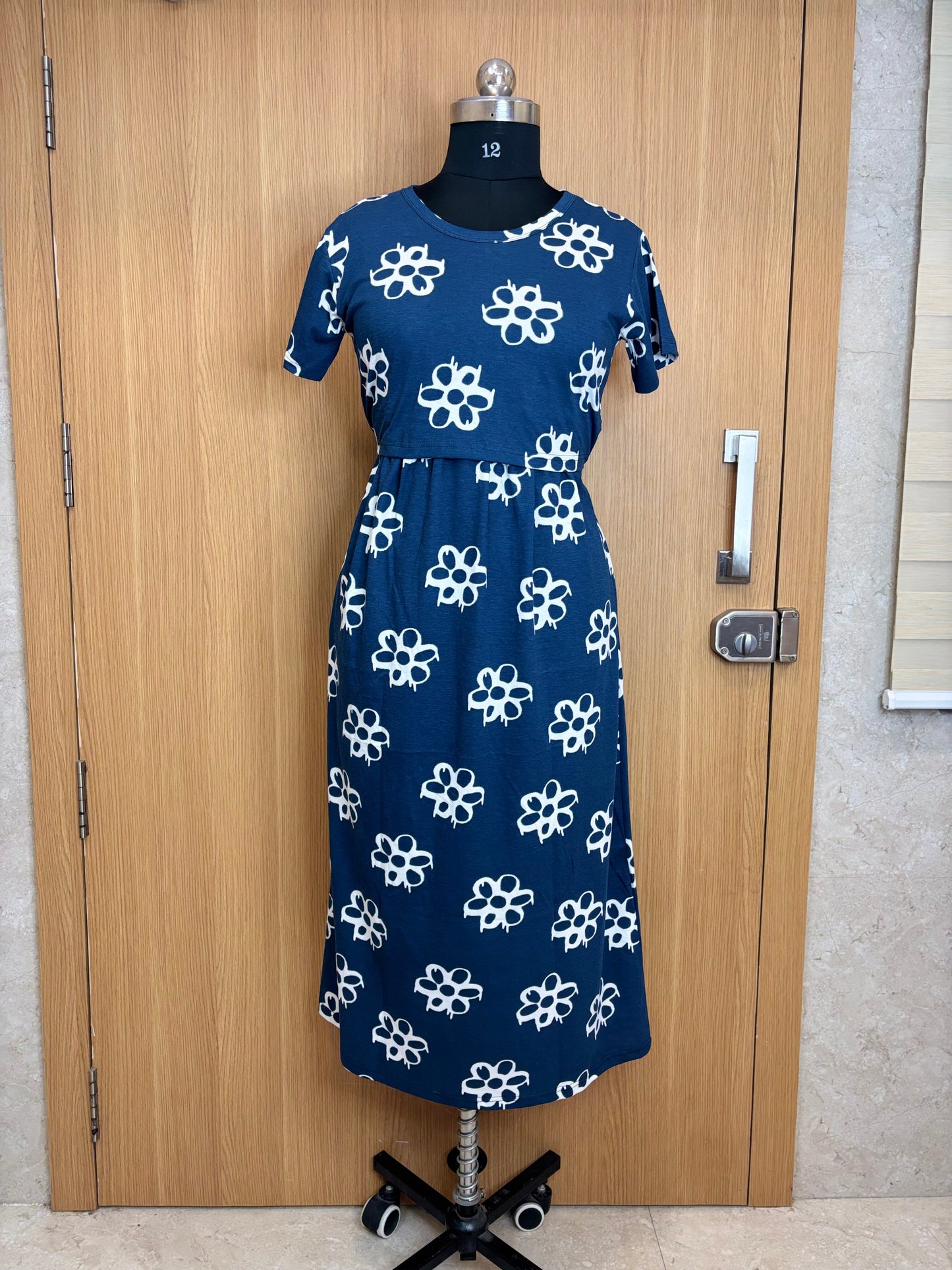 Navy Blue White Floral Print Maternity Feeding Maxi