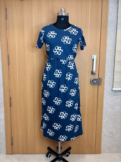 Navy Blue White Floral Print Maternity Feeding Maxi