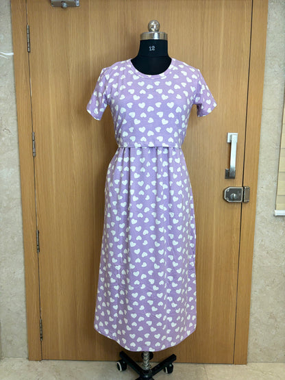 Lavender White Heart Print Maternity Feeding Maxi