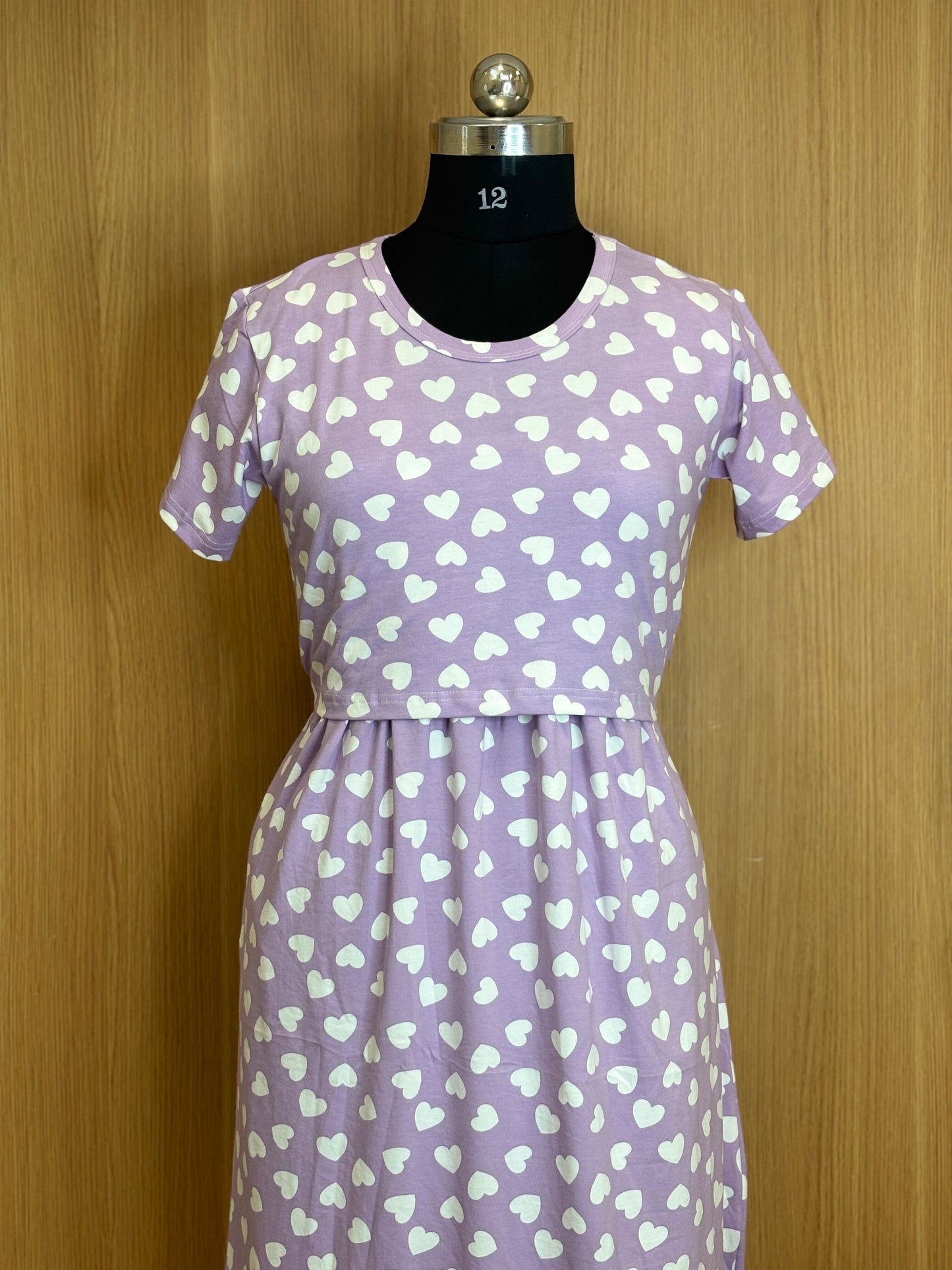 Lavender White Heart Print Maternity Feeding Maxi