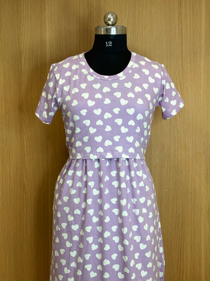Lavender White Heart Print Maternity Feeding Maxi