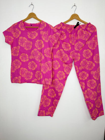 Pink with Orange Floral Printed T-shirt with Combo Pant Set