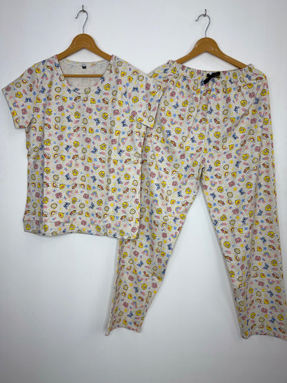 Cream with Multicolor Animals Printed T-shirt with Combo Pant Set