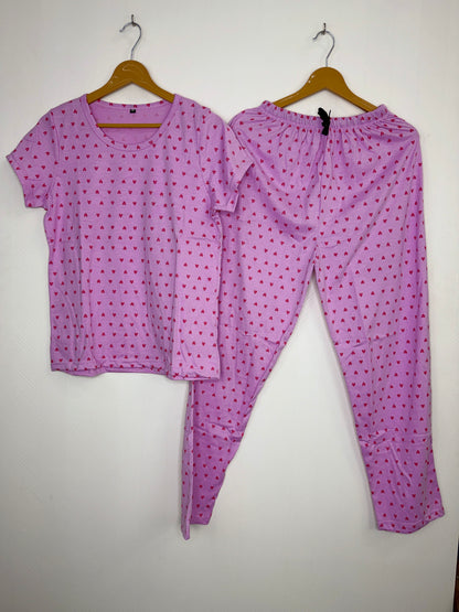 Purple with Red Hearts Printed T-shirt with Combo Pant Set