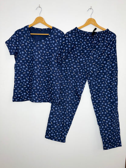 Navy Blue with Snowflakes Printed T-shirt with Combo Pant Set