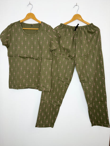 Green with Red Floral Printed  T-shirt with Combo Pant Set