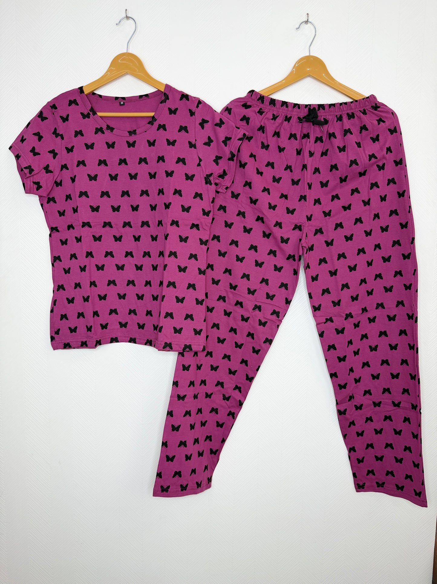 Dark Pink with Black Butterfly Printed T-shirt with Combo Pant Set