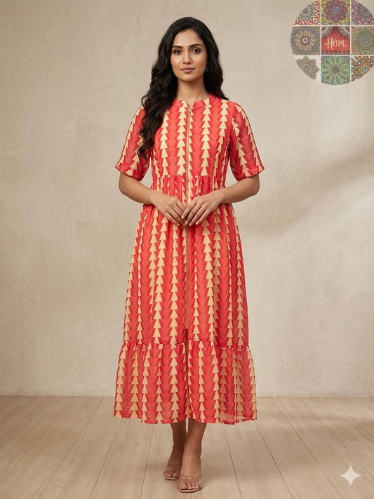 Peach Pink Geometric Printed Georgette Center Zip Maxi