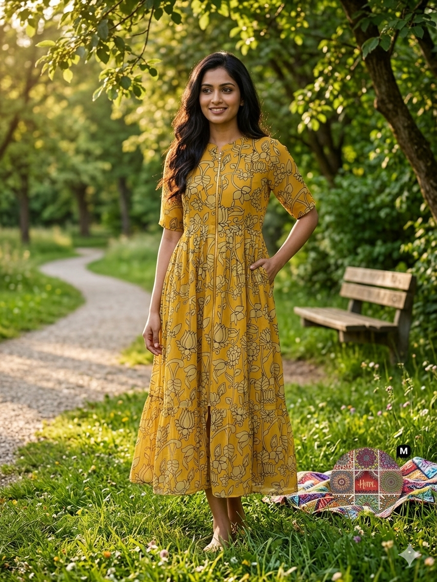 Mustard Floral Vine Printed Georgette Center Zip Maxi