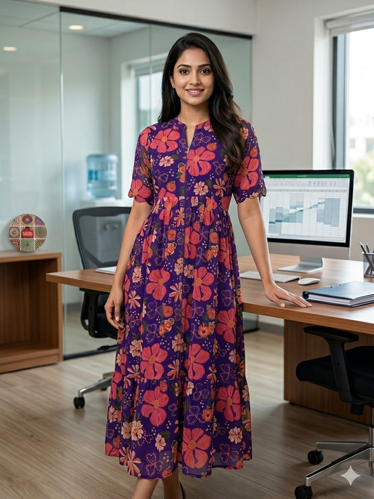 Purple Floral Printed Georgette Center Zip Maxi