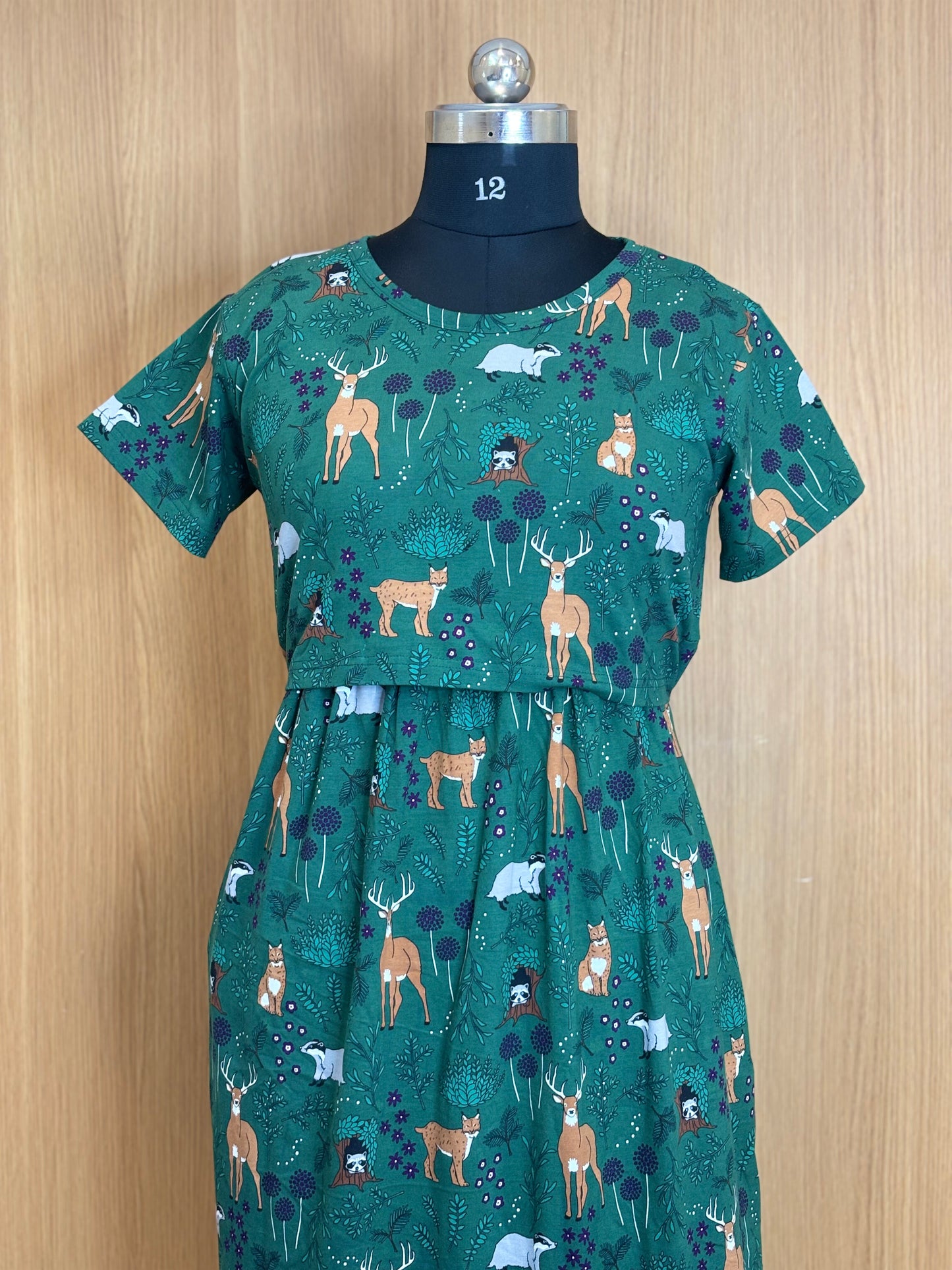 Green Forest Animal Print Maternity Feeding Maxi