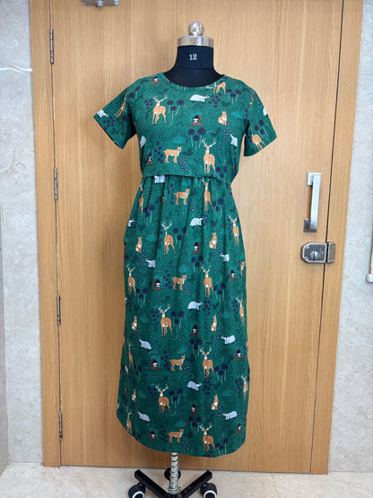 Green Forest Animal Print Maternity Feeding Maxi