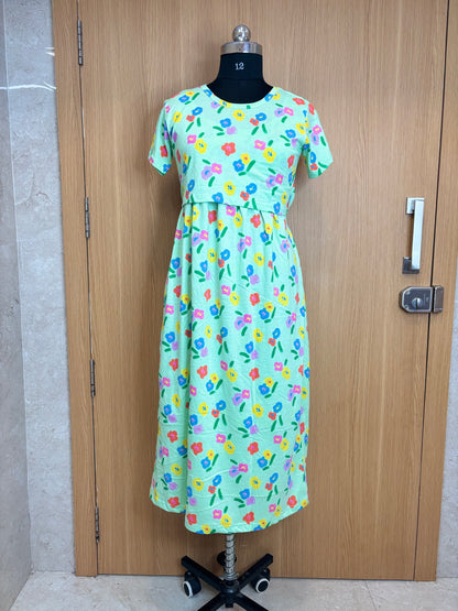 Green Floral Print Maternity Feeding Maxi