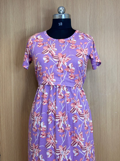 Purple Floral Print Maternity Feeding Maxi