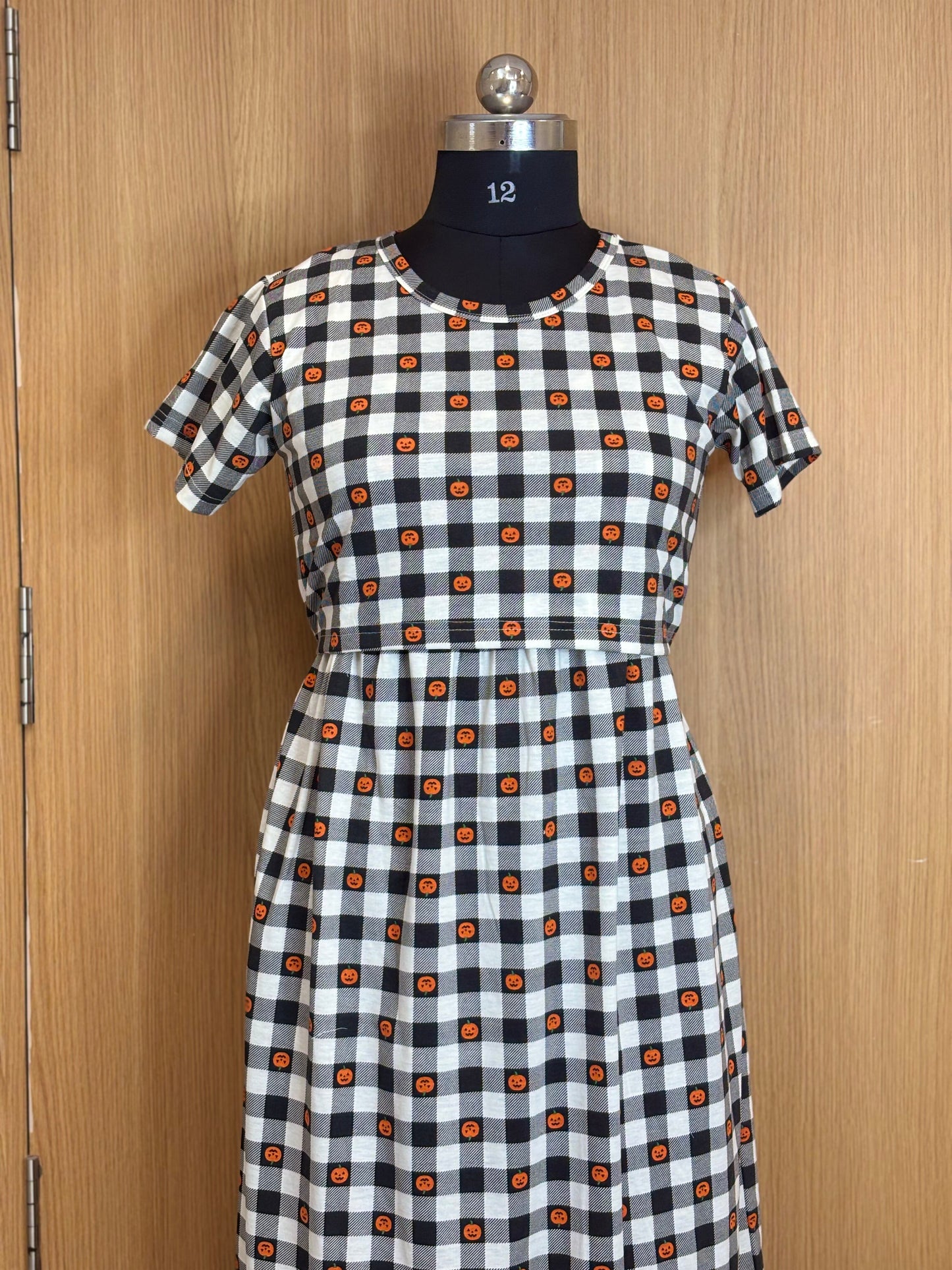 Black Checked Pumpkin Print Maternity Feeding Maxi