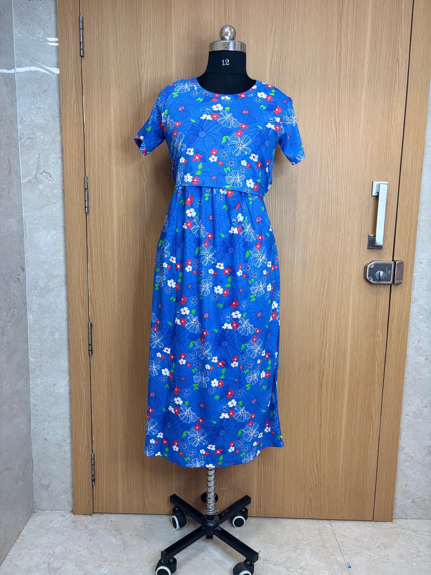 Blue Floral Print Maternity Feeding Maxi