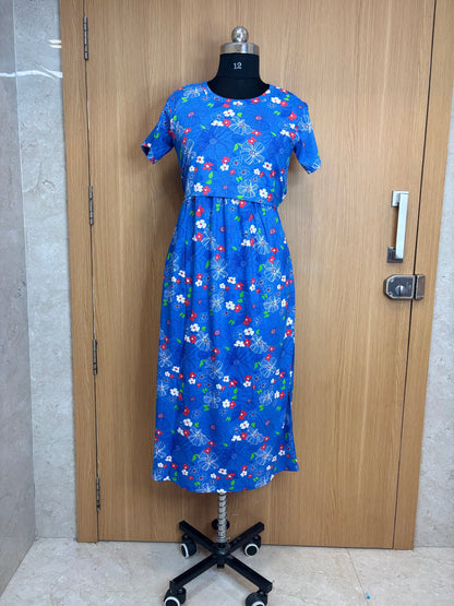 Blue Floral Print Maternity Feeding Maxi