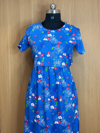 Blue Floral Print Maternity Feeding Maxi