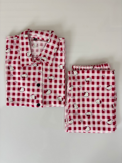 Pink Hello Kitty Checks Print Night Suit Sets