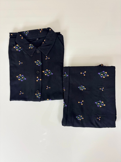 Black Geometric Print Night Suit Sets