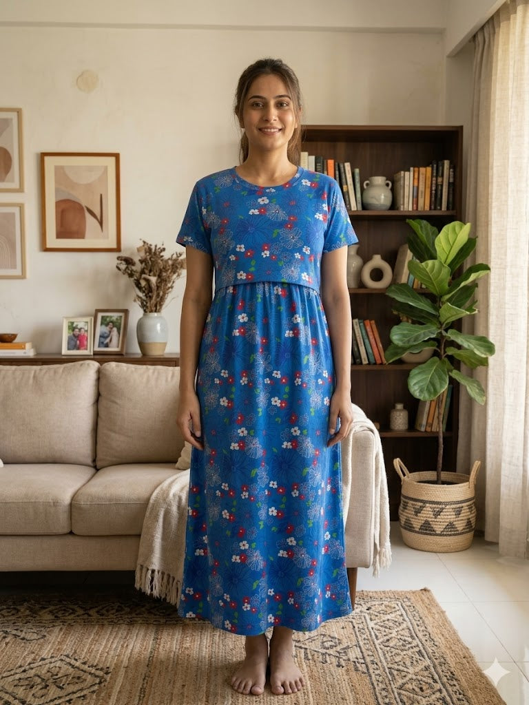 Blue Floral Print Maternity Feeding Maxi