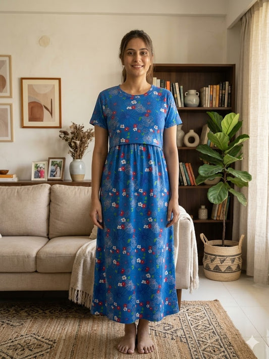 Blue Floral Print Maternity Feeding Maxi