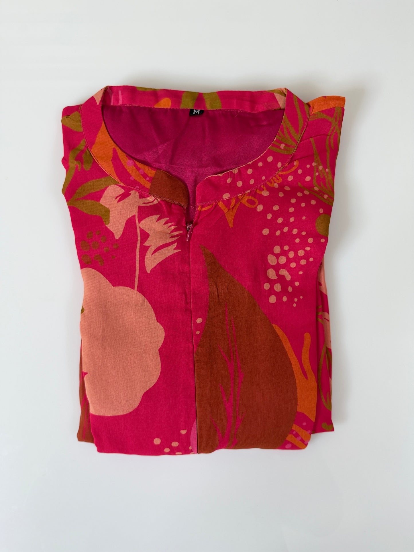 Pink with Floral and Leafy Printed Georgette Center Zip Maxi