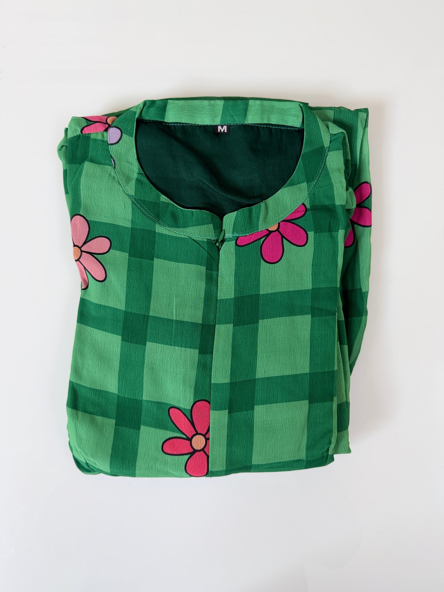 Green with Floral Checks Printed Georgette Center Zip Maxi