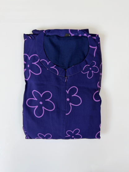 Navy Blue with Floral Printed Georgette Center Zip Maxi