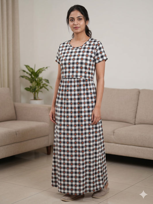 Black Checked Pumpkin Print Maternity Feeding Maxi
