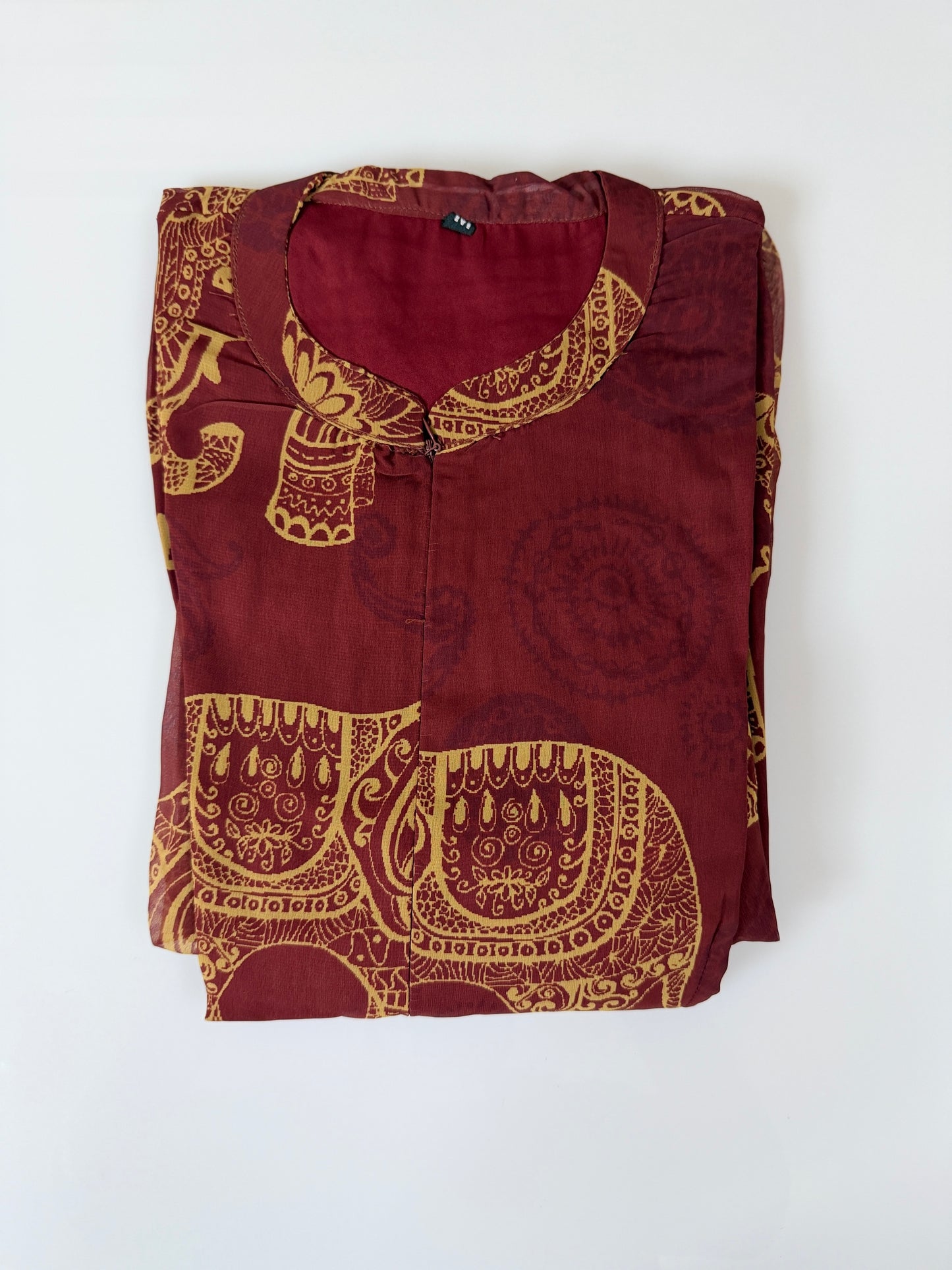 Brown with Kalamkari Elephant Printed Georgette Center Zip Maxi
