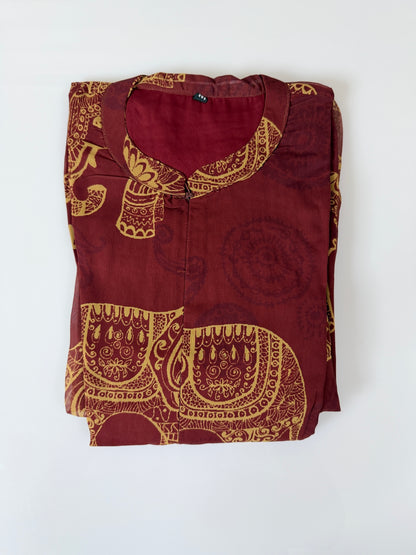 Brown with Kalamkari Elephant Printed Georgette Center Zip Maxi