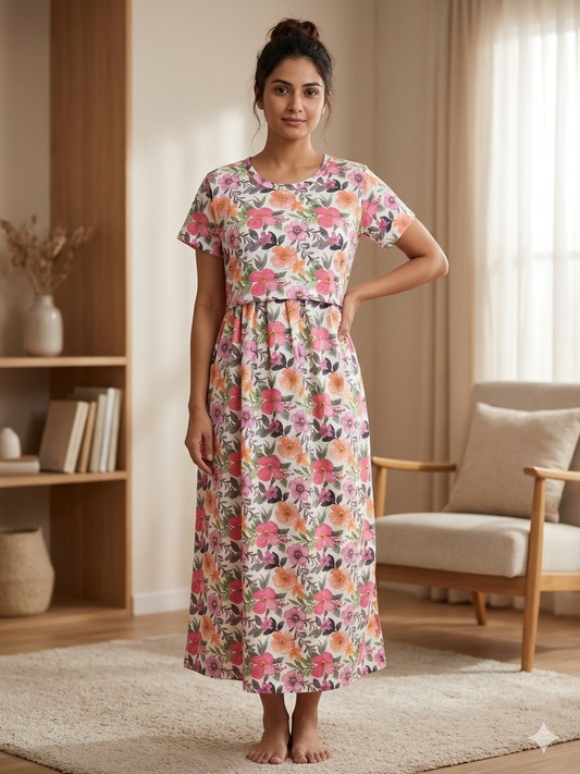 White Multicolor Floral Print Maternity Feeding Maxi