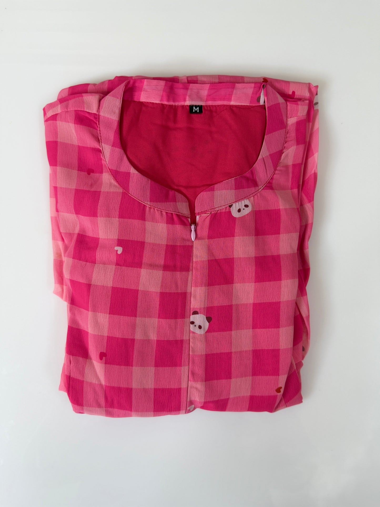 Light Pink with Gingham Style Panda's Printed Georgette Center Zip Maxi
