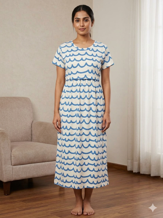 White Blue Wave Print Maternity Feeding Maxi