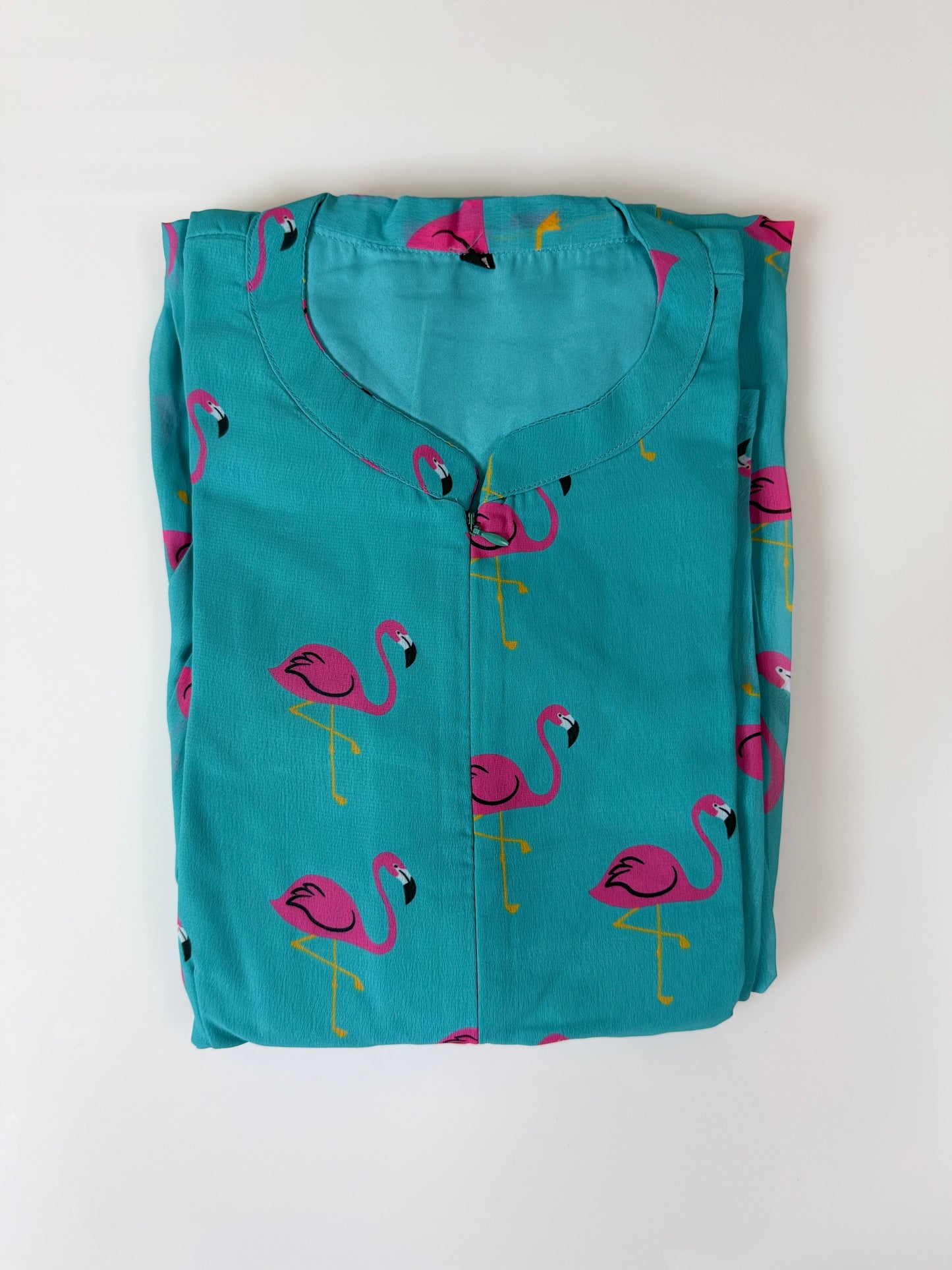 Aqua with Pink Flamingo Printed Georgette Center Zip Maxi