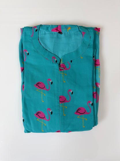 Aqua with Pink Flamingo Printed Georgette Center Zip Maxi