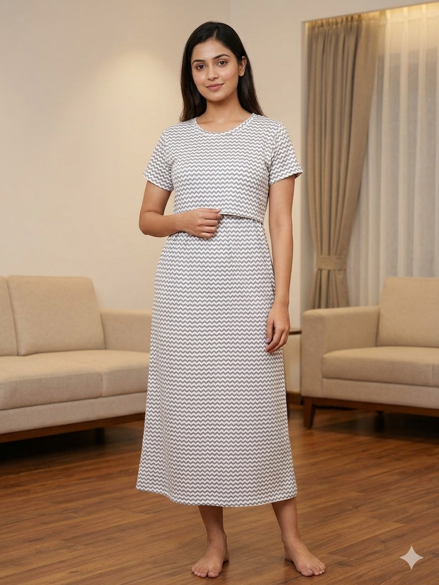 White Grey Chevron Print Maternity Feeding Maxi