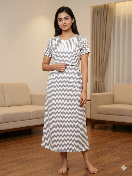 White Grey Chevron Print Maternity Feeding Maxi