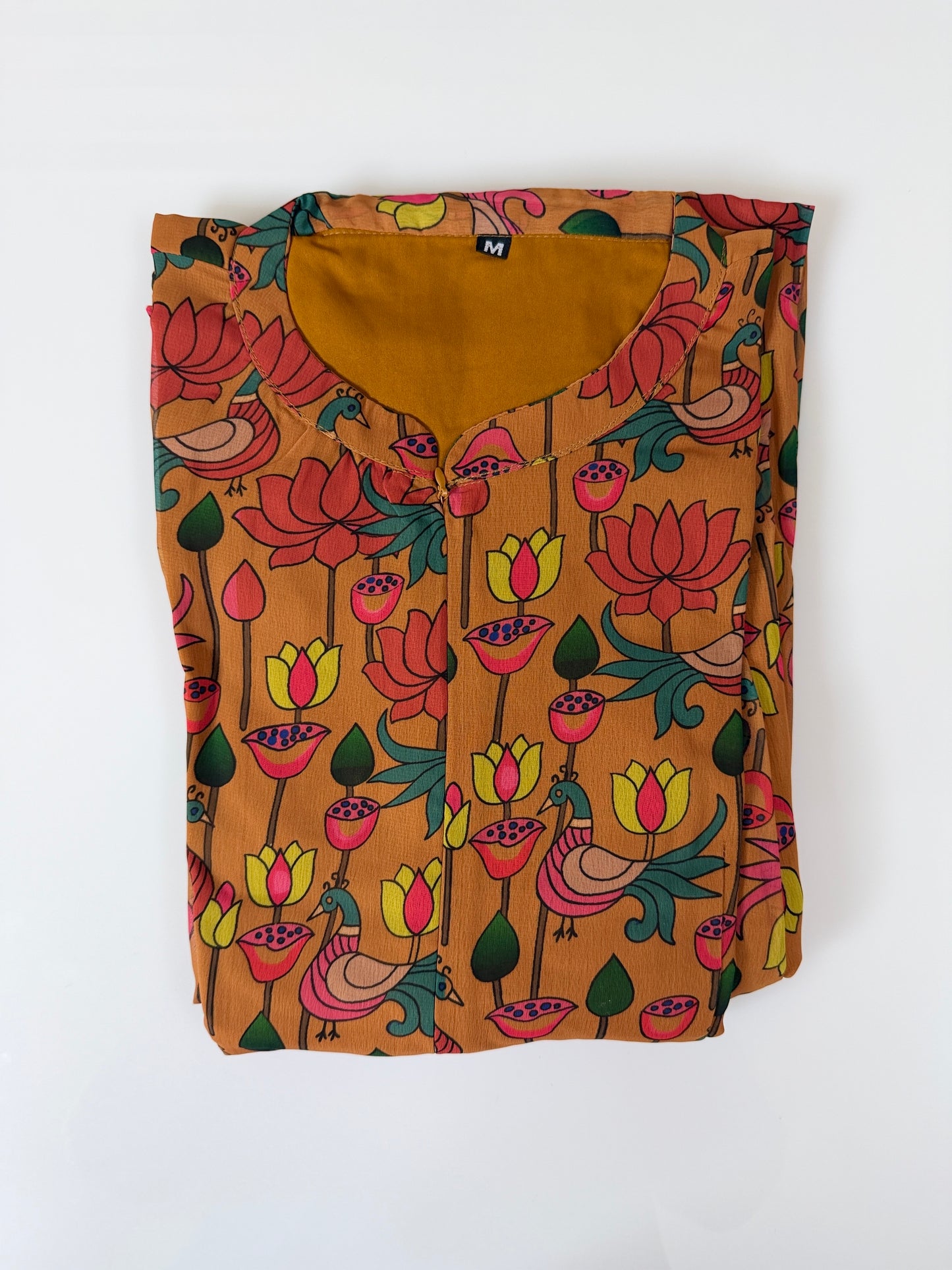 Mustard Yellow with Kalamkari Printed Georgette Center Zip Maxi