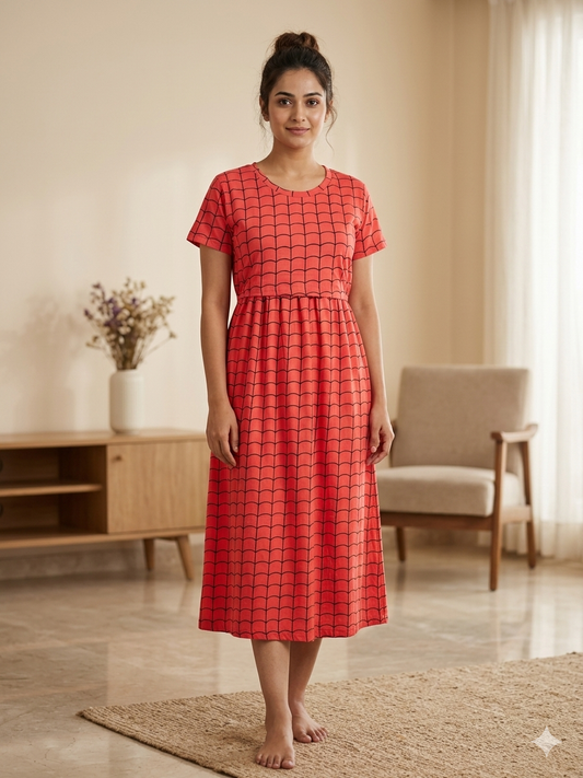 Red Black Geometric Print Maternity Feeding Maxi